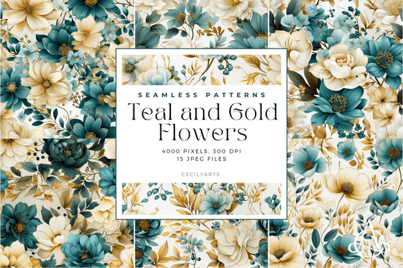 Download Teal and Gold Flowers Seamless Patterns - Premium Resources